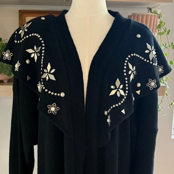 Vintage Embellished Longline Black Cardigan Studded Pearl Heavyweight Lagenlook - Picture 3 of 7